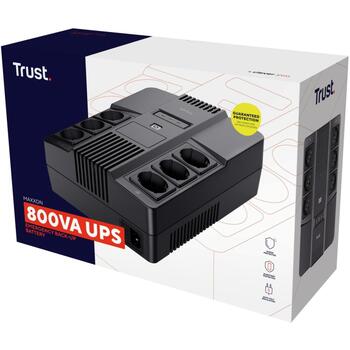 Trust UPS MAXXON Удлинитель 23326, 800VA, 6 розеток типа F, AVR, аккумулятор 7Ah, 12V, черный (23326)