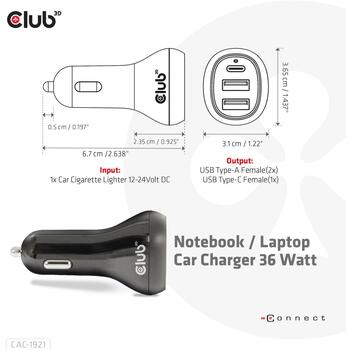 Club3D Lādētājs CAC-1921 36W, Ieejas spriegums 12/24V, 2x USB Type-A 5V/3A, 1x USB Type-C 5V/3A, 9V/2A, OCP, OVP, SCP, OTP (CAC-1921)