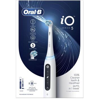 Oral-B elektriskā zobu birste iO5 Quite White, 1 galviņa, 5 režīmi, 48000 apgr/min, spiediena sensors, taimeris, Bluetooth (iO5 Quite White)