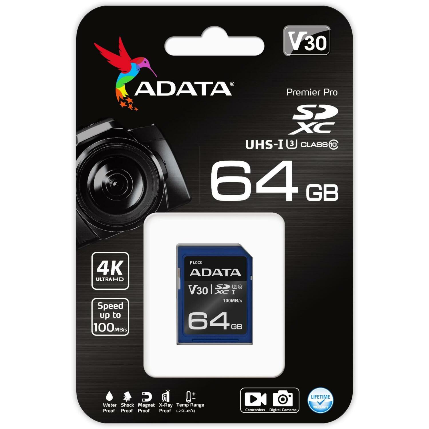 Adata карта памяти ASDX64GUI3V30S-R, 64GB, 100MB/s, 60MB/s, V30, UHS-I, Class 3, черный/синий (ASDX64GUI3V30S-R)
