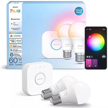 Philips Hue умная лампа 8721103103635, 2 шт, E27, 8 Вт, 806 лм, 2200-6500 K, 16 млн цветов, Bluetooth/Zigbee, Hue мост (8721103103635)
