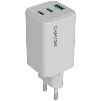 Kompakts sienas lādētājs ar GaN tehnoloģiju 65 W kopējo jaudu 2×PD un 1×QC ātrās uzlādes portiem CU65ACC EU Balts CNS-CUW65ACC CANYON (CNS-CUW65ACC)