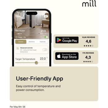 Mill Panel heater PA1500WIFI4A Black, 1500W, 18-22m², IPX4, WiFi, PID jaudas tehnoloģija, prognozējošā apkure, Smart App vadība (PA1500WIFI4A Black)