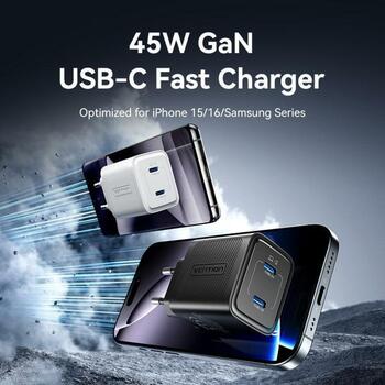Vention lādētājs FEFW0-EU 45W, 100-240V, 2 USB-C, ātrā uzlāde, universāla saderība, pārkaršanas aizsardzība (FEFW0-EU)