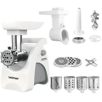 Zelmer ZMM9802B мясорубка, 70504991P, 2200 Вт, 3 кг/мин, 3 решетки, реверс, насадка для колбас, белый (70504991P)