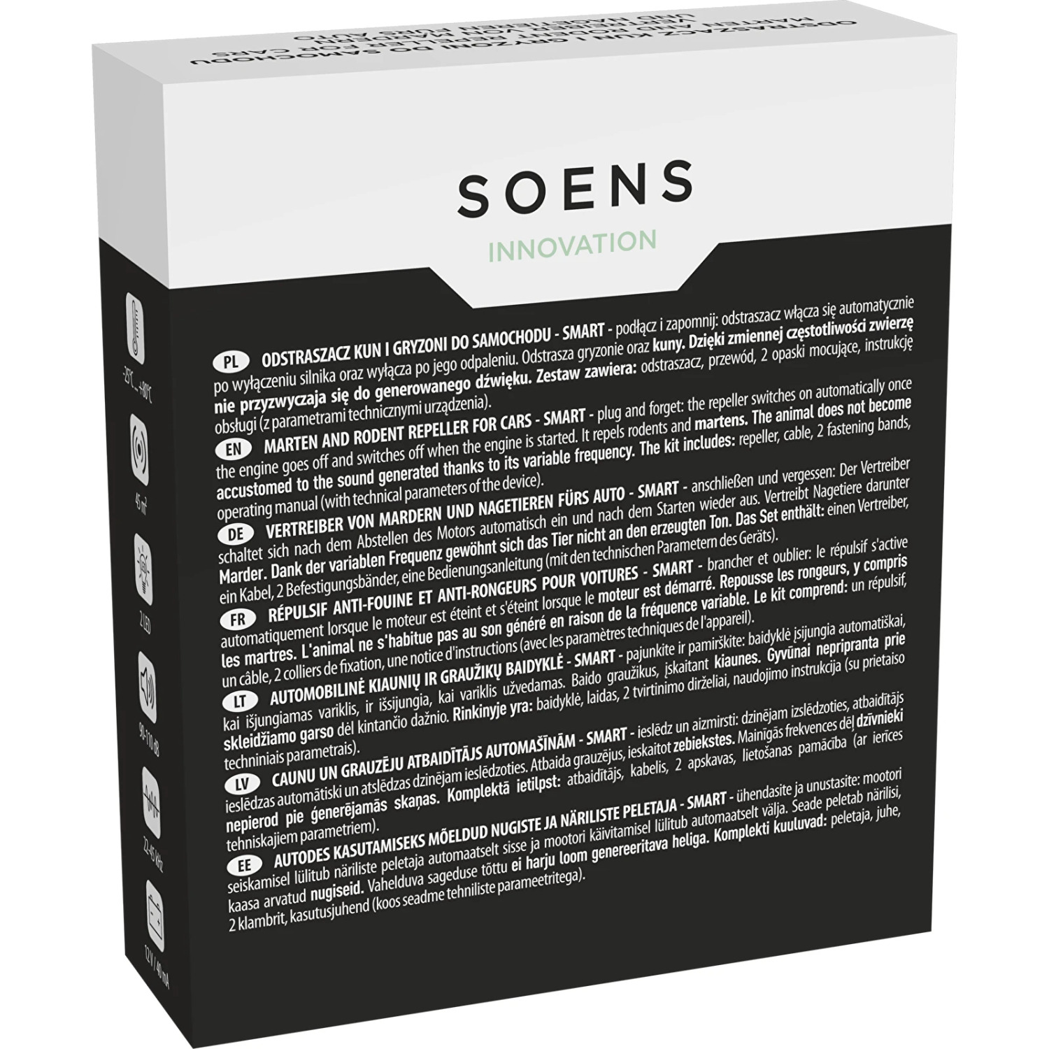 Soens 730720 ультразвуковой отпугиватель куниц и грызунов для автомобилей, 12В, 22-45кГц, 45м2, светодиод, АБС (730720)