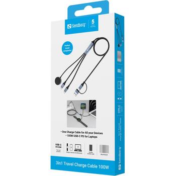 Sandberg 3in1 ceļojumu uzlādes kabelis 441-69, 1.2m, 100W, USB-C, USB-A, Apple Watch uzlāde, PD atbalsts (441-69)