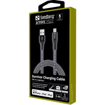 Sandberg USB kabelis 441-35, 1 m, Lightning, USB A, vīrišķais, Kevlar, melns, pelēks (441-35)