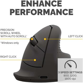 Fellowes Breyta vertikālā bezvadu pele 100143579, 1600 DPI, Bluetooth + USB Type-C, optiskā, ergonomiskā, labročiem, melna (100143579)