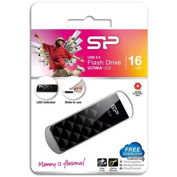 Silicon Power Ultima U03 USB флеш-накопитель SP016GBUF2U03V1K, 16 ГБ, USB Type-A, 2.0, черный, 256-bit AES, CE/FCC/BSMI (SP016GBUF2U03V1K)