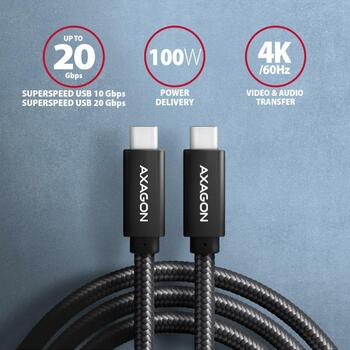 Axagon кабель USB-C к USB-C 2м 100W, 20Gbps, черный, 5A, 4K HD видео (BUCM32-CM20AB)