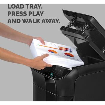 Fellowes Slēdzis AutoMax 600M 600 lapas, 2 x 12 mm mikrogriešana, 83 L, 60 dB, 4 riteņi, P-5, automātiska atgriešana (4657401)