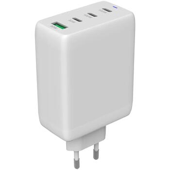 Kompakts sienas lādētājs ar GaN tehnoloģiju 100 W kopējo jaudu 3×PD un 1×QC ātrās uzlādes portu CU100ACC EU Balts CNS-CUW100ACC CANYON (CNS-CUW100ACC)