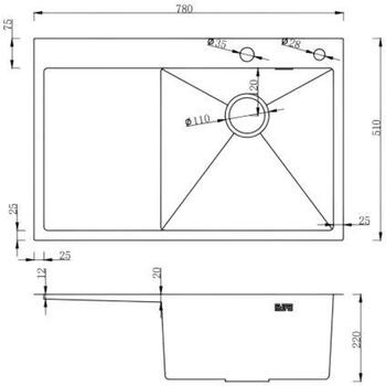 Ab Раковина NT AB 9134566, 780x510x200mm, 110mm, правая рабочая поверхность, графит, сифоном, перелив включен (9134566)