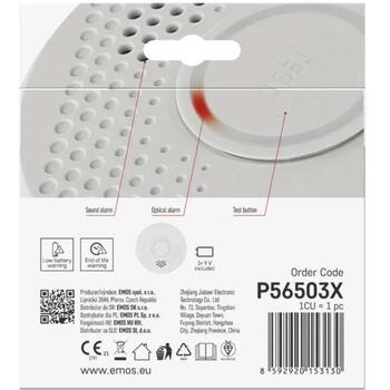 Emos Датчик дыма TSS910B P56503X, 101×36mm, 10 лет, 1×9V, 5–95%, 0–40°C, оптический и звуковой, >85dB (P56503X)