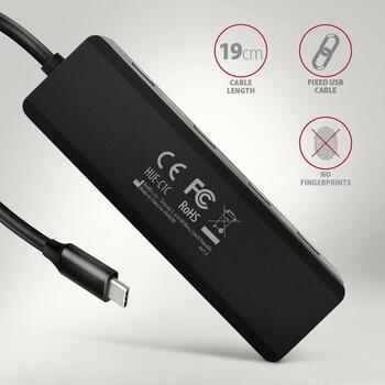 Axagon USB centrmezgls HUE-C1C 4x USB 5Gbps, strāvas kabelis 19 cm, atbalsta Android, Windows, Mac OS (HUE-C1C)