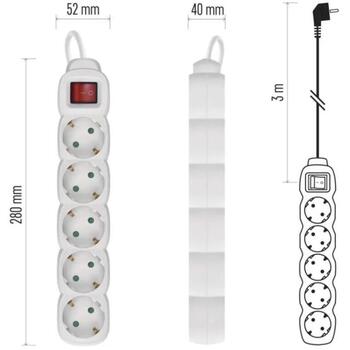 Emos Удлинитель P1523R, 3м, 5x2P+PE, PVH, 3680W, с выключателем, защита от детей (P1523R)