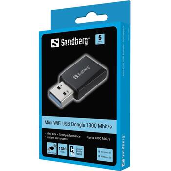 Sandberg Mini WiFi Dongle 134-41, 1300Mbit/s, USB 3.0, MU-MIMO, Beamforming, двухдиапазонный, 400Mbps 2.4GHz, 867Mbps 5GHz (134-41)
