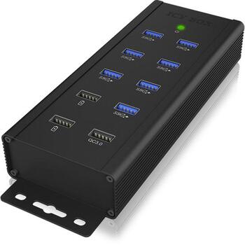 Raidsonic USB centrmezgls IB-HUB1703-QC3, 7x USB 3.0, AC 120/230 V, melns, QC 3.0 uzlāde, sienas stiprinājums (IB-HUB1703-QC3)