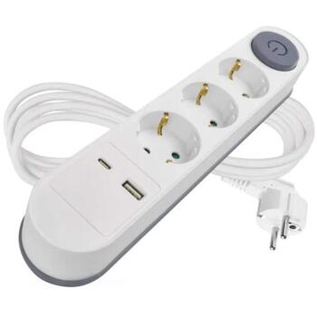 Emos Удлинитель P1322PD, 2м, 3× 2P + PE, 3680W, 1× USB-A, 1× USB-C, выключатель, защита от детей (P1322PD)