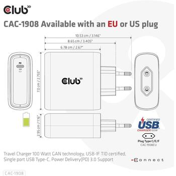Club3D зарядное устройство CAC-1908EU 100W, USB Type-C, PD 3.0, 100-240VAC, 5V/9V/12V/15V ≤ 3A, 20V ≤ 5A, OCP, OVP, SCP, OTP (CAC-1908EU)