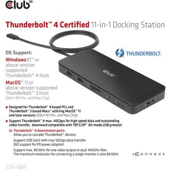 Club3D док-станция CSV-1581, Thunderbolt 4, 3x Thunderbolt 4, 3x USB 2.0, 1x RJ-45, 140 W, 1000 Mbit/c, черный (CSV-1581)