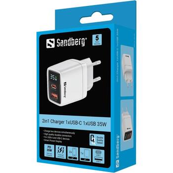 Sandberg Lādētājs 441-52, 35W, 1xUSB-C, 1xUSB, 100-240V, 5-20V, 1.75-3.4A, divām ierīcēm (441-52)