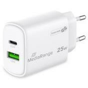 Mediarange strāvas adapteris MRMA112-2 25W, 1x USB-C, 1x USB-A, ātrā uzlāde, balts, polikarbonāts (MRMA112-2)