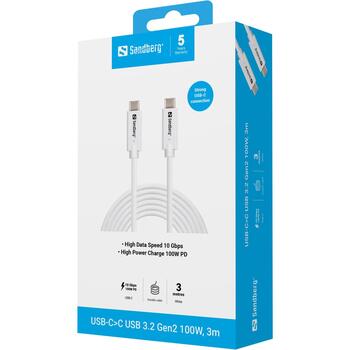 Sandberg USB kabelis 136-75, 3m, 10Gb/s, 100W PD, balta, 2xUSB-C (vīriešu) (136-75)