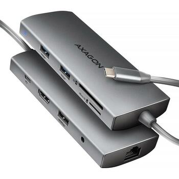 Axagon док-станция HMC-8HLSA 9в1 5Гбит/с, 3x USB 5Гбит/с, 1x USB 480Мбит/с, 1x HDMI, 1x RJ45, 1x аудио, 1x SD, 1x microSD (HMC-8HLSA)