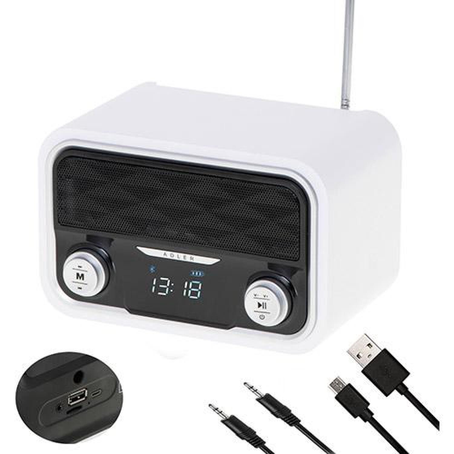 Adler Bluetooth радио AD 1185, 1800 мАч, FM 50 предустановленных станций, AUX, LCD дисплей, белый (AD 1185)
