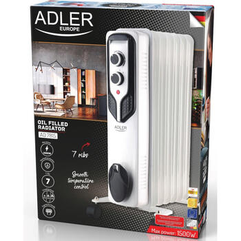 Efektīvs eļļas sildītājs ar 7 sekcijām ~15–18m² telpām maks. jauda 1500W Balts AD7815 Adler (AD 7815)