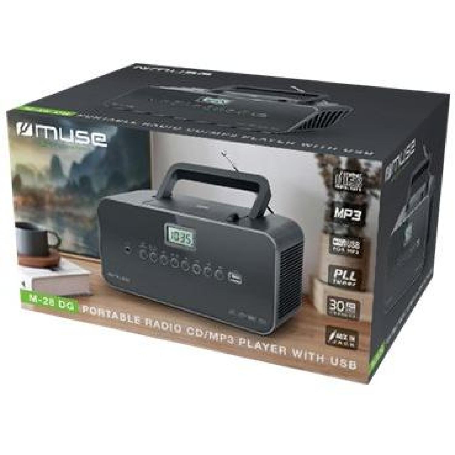 Muse Портативное радио M-28DG, 230В, 6x1,5В тип C, ЖК-дисплей, FM/MW 30 станций, CD/CD-R/RW/MP3, USB, AUX, 2Вт, серый (M-28DG)
