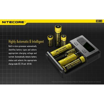 Nitecore Зарядное устройство INTELLICHARGERNEWI4 1500mA, 4 слота, поддержка аккумуляторов 3.7V и 4.35V, ACD технология (INTELLICHARGERNEWI4)