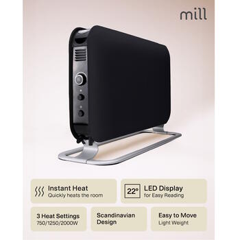 Konvekcijas sildītājs ar 2000 W jaudu trim jaudas līmeņiem piemērots 5–20 m² telpām melns SG2000LED Mill (SG2000LED BLACK)