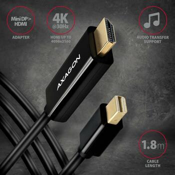 Axagon Видео кабель RVDM-HI14C2 Mini DisplayPort на HDMI 1.8м, 4096 x 2160, 30Гц, активный преобразователь, черный (RVDM-HI14C2)