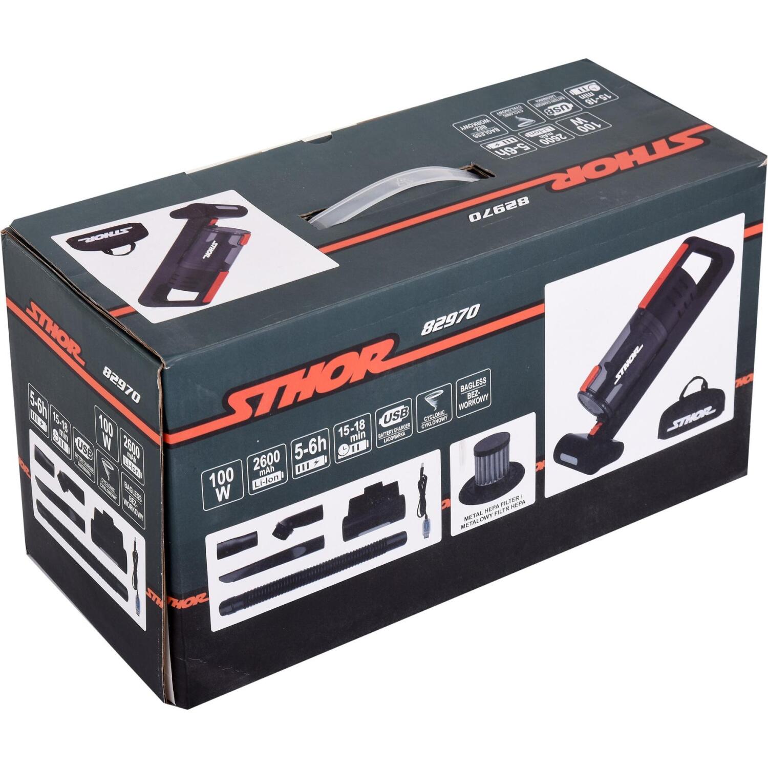 Sthor akumulatora putekļu sūcējs 82970, 100W, 5,5kPa, 2600mAh, 15-18min, HEPA filtrs, turbo suka, mitrā un sausā tīrīšana (82970)