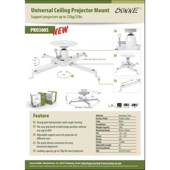 Sunne Потолочное крепление для проектора PRO300S, 25кг, 360°, от -20° до 20°, VESA 80-500мм, белый, алюминий, сталь (PRO300S)