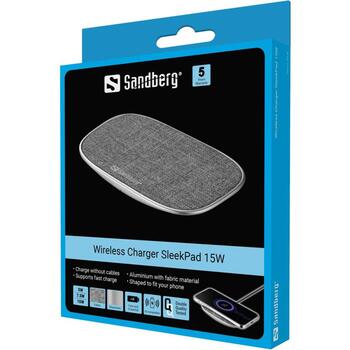 Sandberg Bezvadu lādētājs SleekPad 441-60, 5V/1A, 9V/1,12A, 9V/1,67A, 15W, Qi, 1 USB ports, pelēks, alumīnijs, audums (441-60)