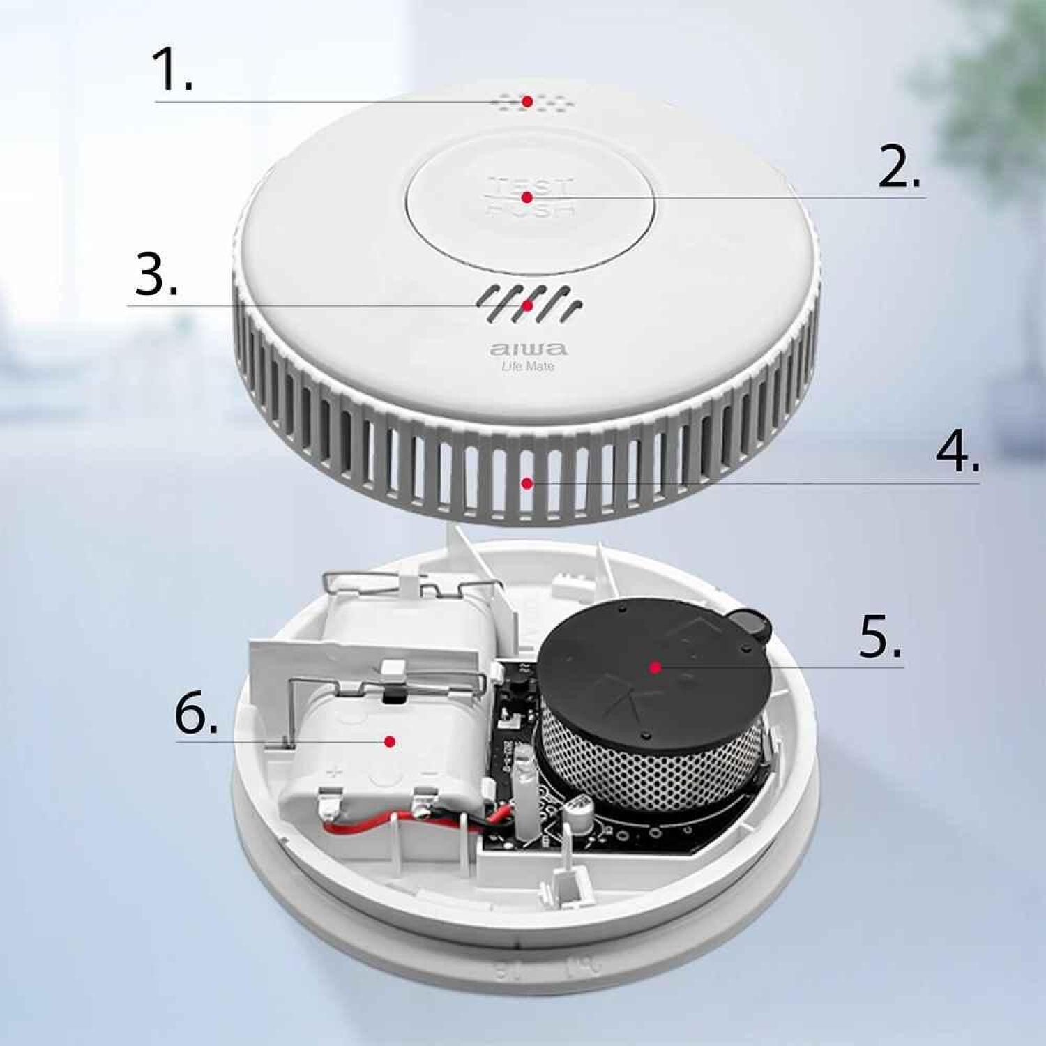 Aiwa dūmu detektors S100A-AA, 85 dB, fotoelektriskais sensors, LED indikators, TÜV Rheinland, balts (S100A-AA)