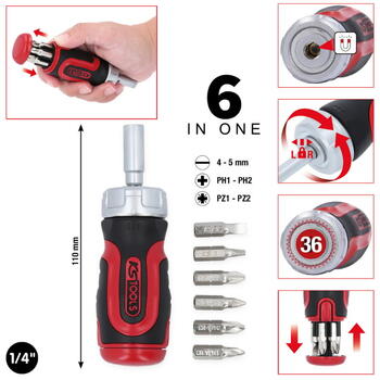 KS Tools 159.2025 Мини-отвертка с трещоткой, 6 в 1, 1/4