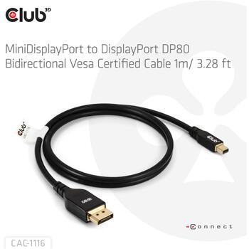 Club3D Mini DisplayPort на DisplayPort кабель CAC-1116 1м, 4K240Hz, 8K60Hz, 10K60Hz, 80 Гбит/с, 10240 x 4320 (CAC-1116)