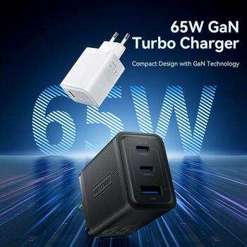 Vention зарядное устройство FERB0-EU 65W PD быстрая зарядка, 3 устройства, 2 USB-C, 1 USB-A, черный, GaN технология (FERB0-EU)
