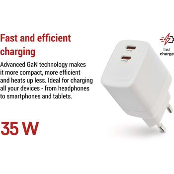 Emos Универсальное USB настенное зарядное устройство GaN V03G35, 35 W, 100–240 V, 2x USB, быстрая зарядка, защита от перегрузки (V03G35)