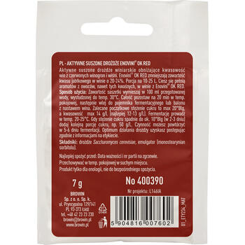 Browin Enovini® OK RED винные дрожжи 400390, 7 г, 25 Л, для красного вина, снижает кислотность на 20-24% (400390)