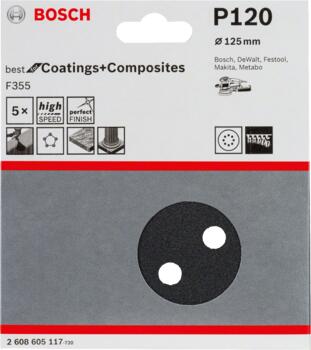 Slīppapīrs,akmenim,PEXGEX D=125mm,K120,5 gab., Ekscentra slīpmašīnām PRO F355 SLĪPDISKS, 2608605117, BOSCH (2608605117)