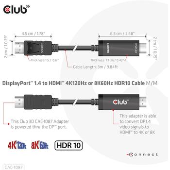 Club3D Видео кабель адаптер CAC-1087, 3м, 7680x4320, 120Гц, HDR10, 2x прямой разъем (CAC-1087)