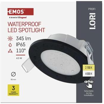 Emos LED прожектор LORI ZV1164, 4,5 Вт, 345 лм, IP65, 110°, 2700/4000 K, черный, встраиваемый (ZV1164)