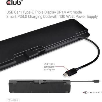 Club3D dokstacija CSV-1565 100W, 1x HDMI 4K60Hz, 1x DP 4K60Hz, 1x VGA 1920x1080@60Hz, 2x USB-C, 5x USB-A, 1x RJ-45, audio ports (CSV-1565)