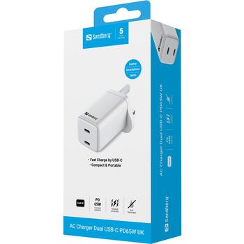 Sandberg Lādētājs 441-62, 230V AC, 2xUSB-C, 65W, 20W, 45W+18W, balts, polikarbonāts (441-62)